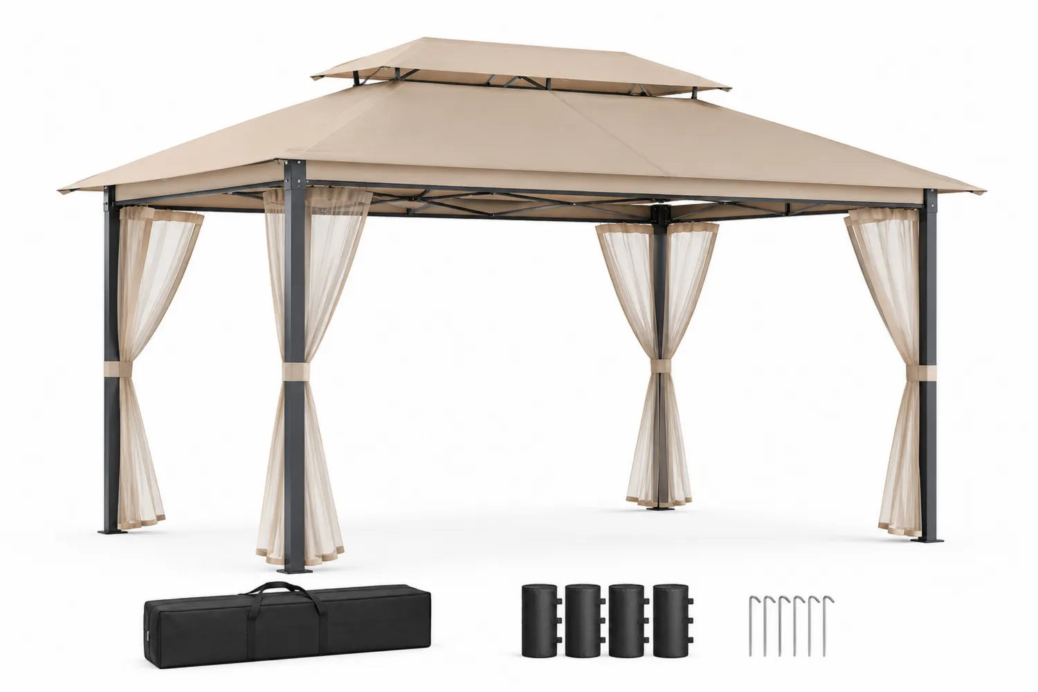 Pabellón de jardín de metal con techo de poliéster y cortinas