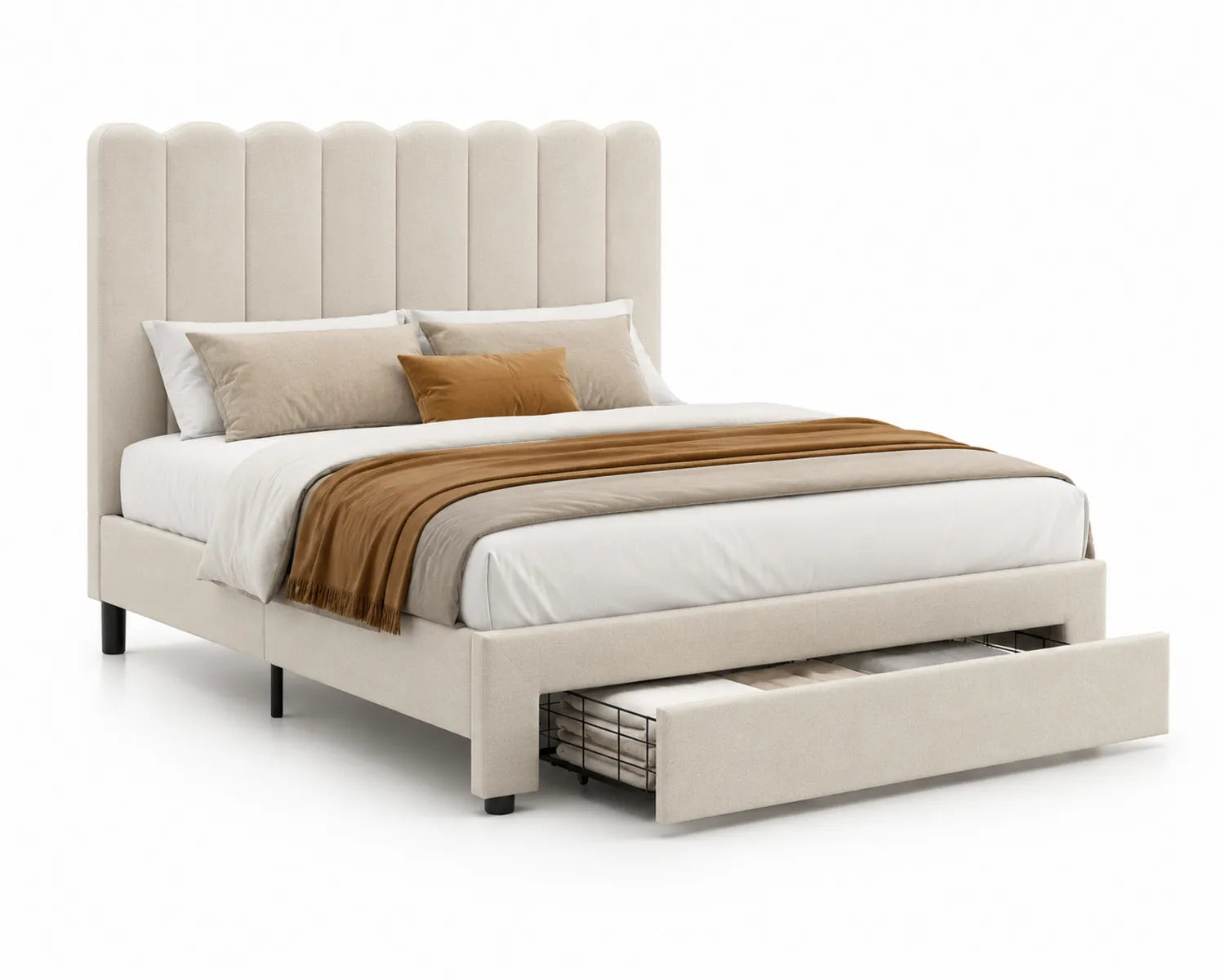 Cama de tela con cabecero acolchado y cajón de almacenamiento 200x160 cm
