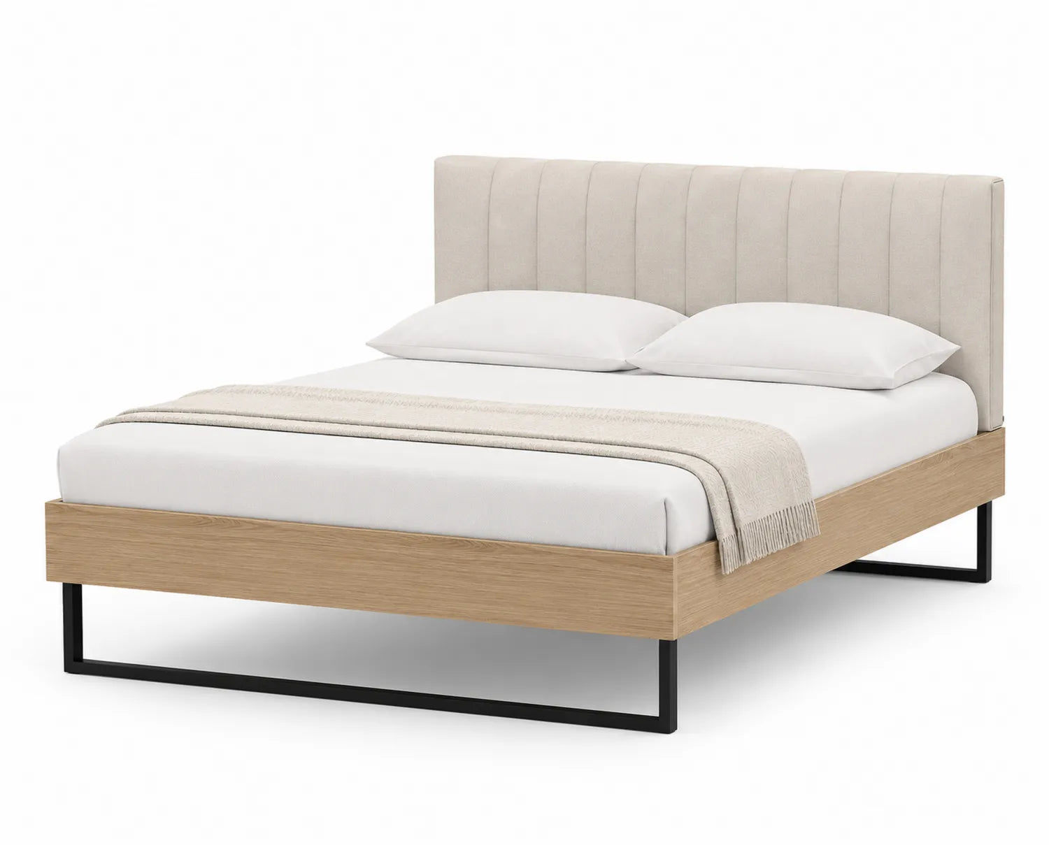Cama doble de poliéster con superficie de roble y base metálica 200x160 cm