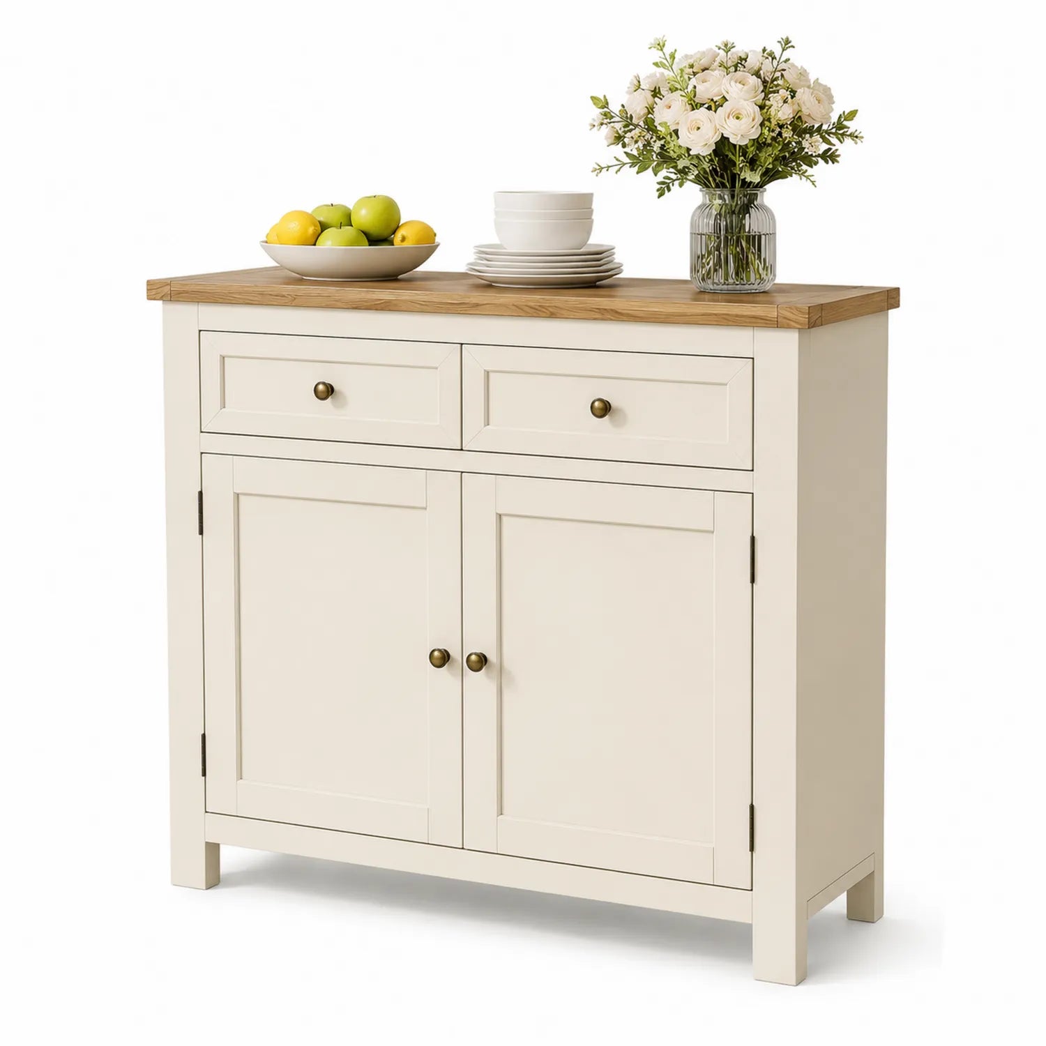 Aparador de Madera con Superficie de Roble, Dos Puertas y Dos Cajones Crema
