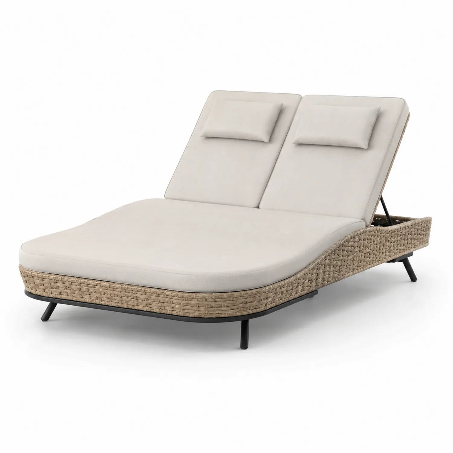 Cama de día y tumbona doble de ratán sintético con cojines crema y estructura de acero