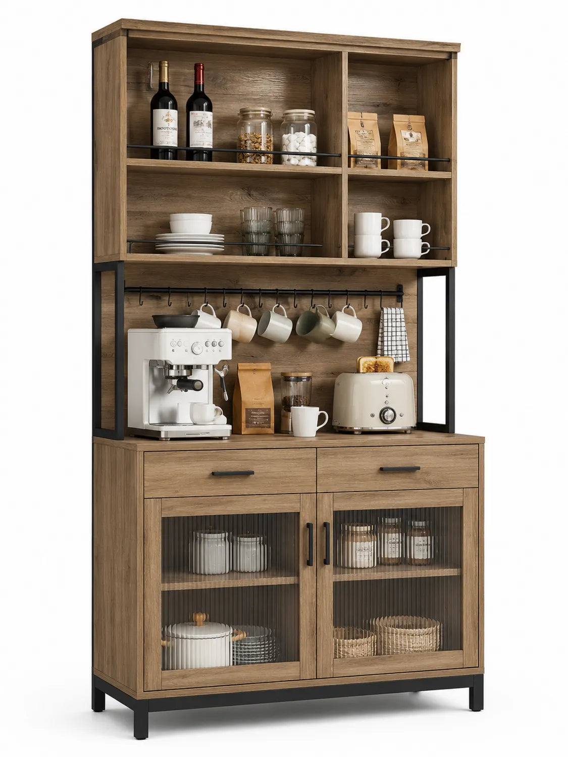 Aparador de Madera con Puertas de Vidrio Templado y Estante Abierto 180x120x40cm Marrón