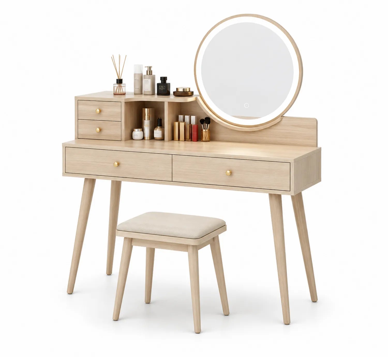 Tocador de Madera Maciza con Espejo y Taburete, Roble Claro