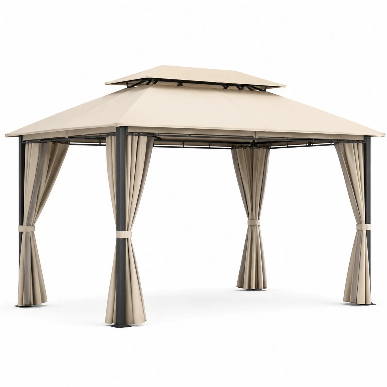Pérgola de metal con dosel de poliéster y cortinas Beige