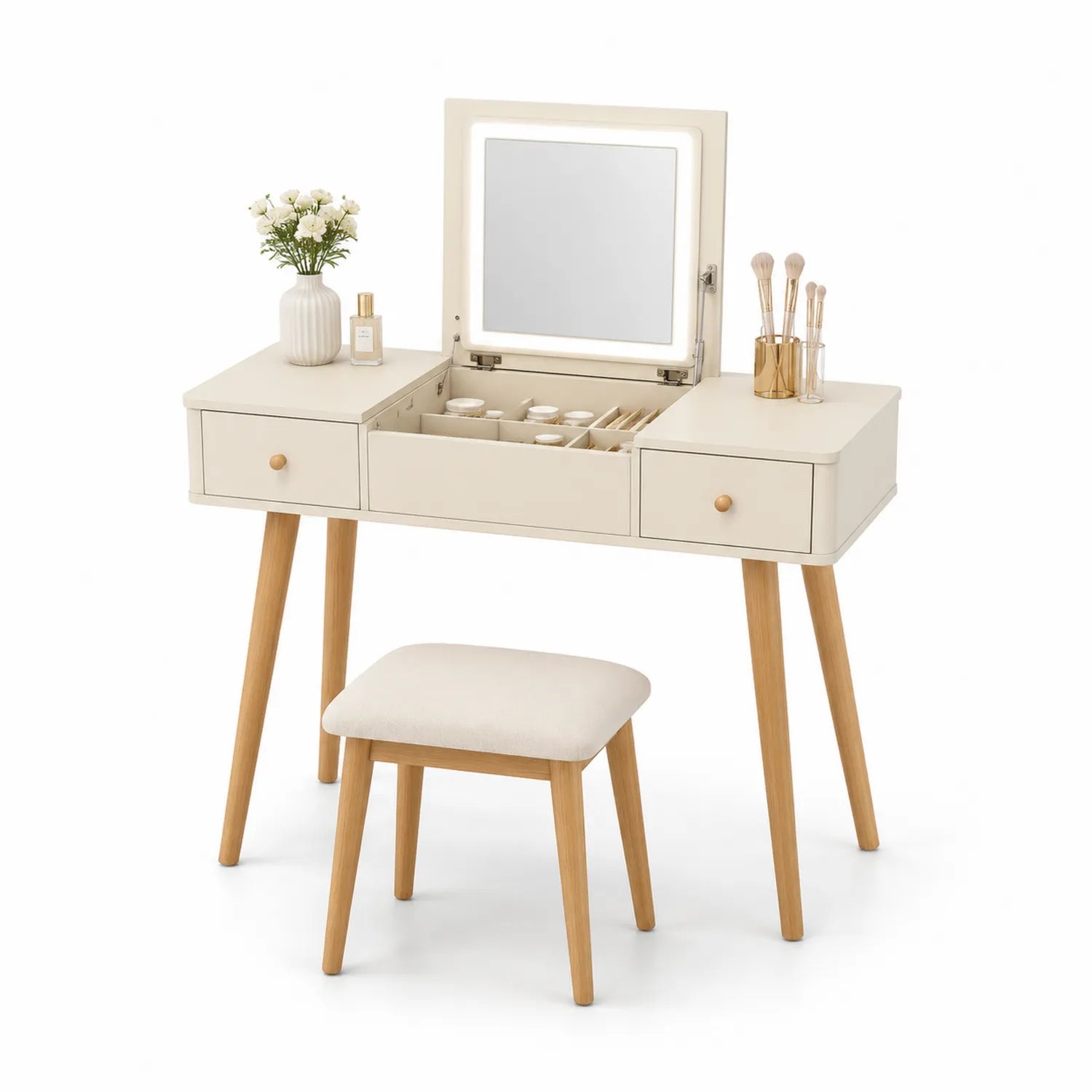 Tocador de Madera con Espejo LED y Taburete Beige