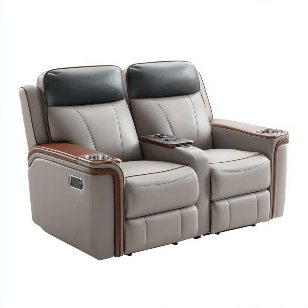 Reclining Loveseat Faux Leather 160x95x100 cm - Gray/Brown - Modern Theater Seating