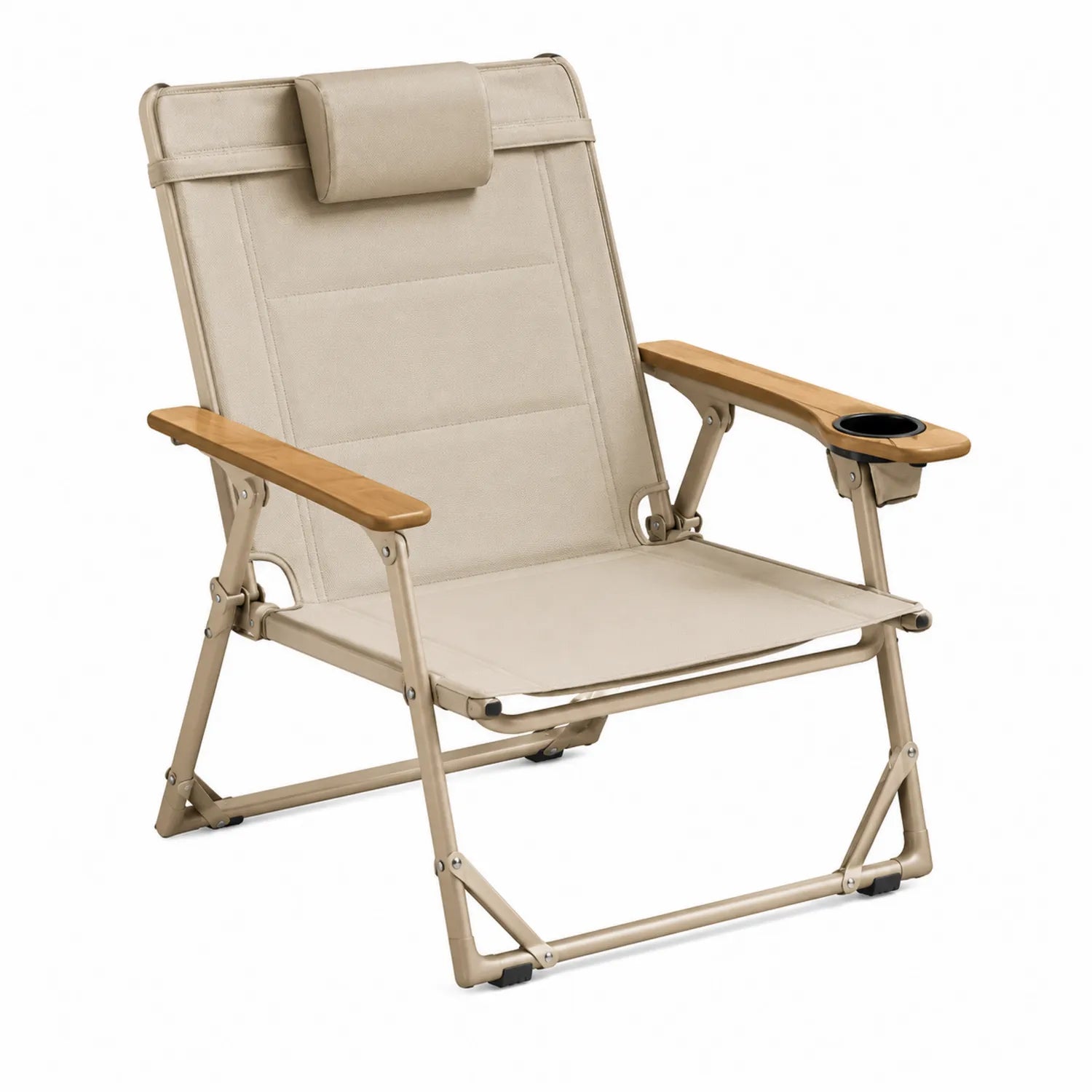 Silla plegable de exterior con reposabrazos de madera y portavaso 58x65x80 cm poliéster beige