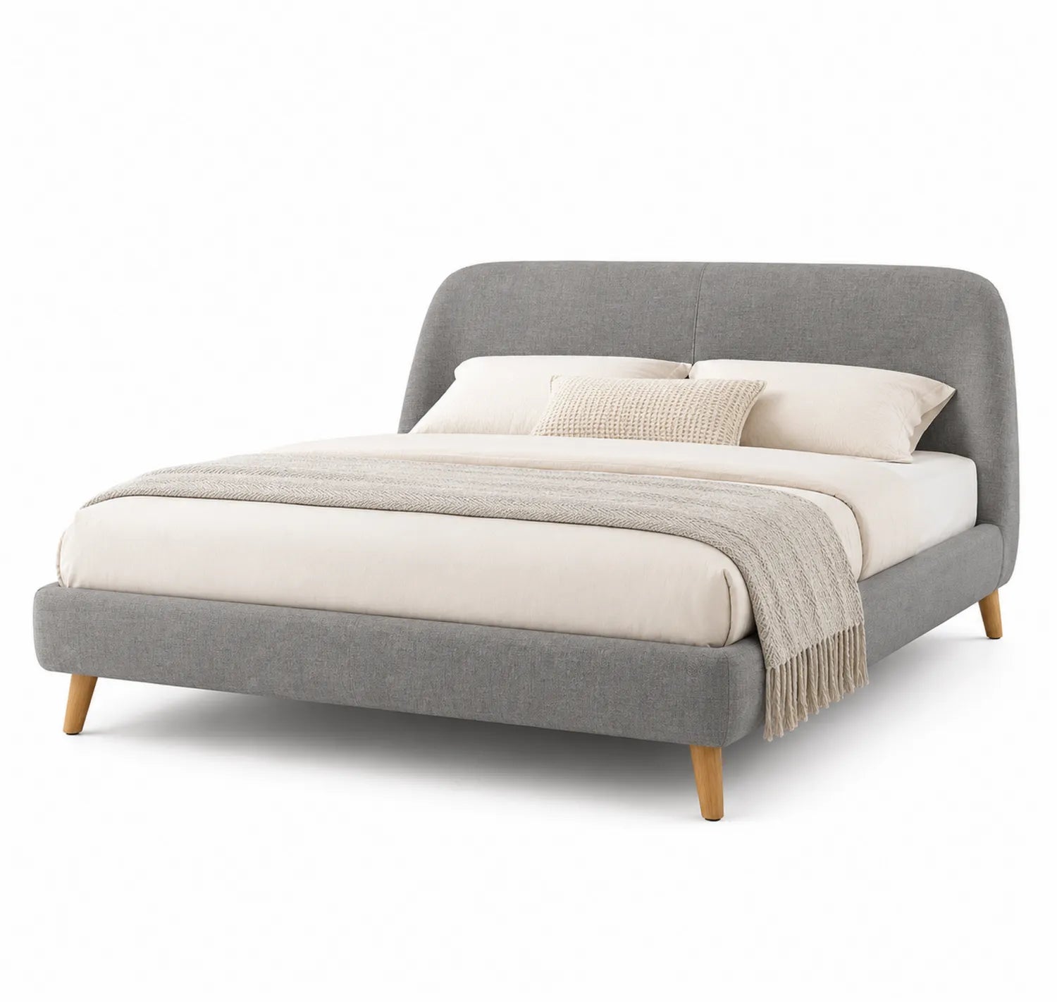 Cama doble tapizada en tela con patas de madera