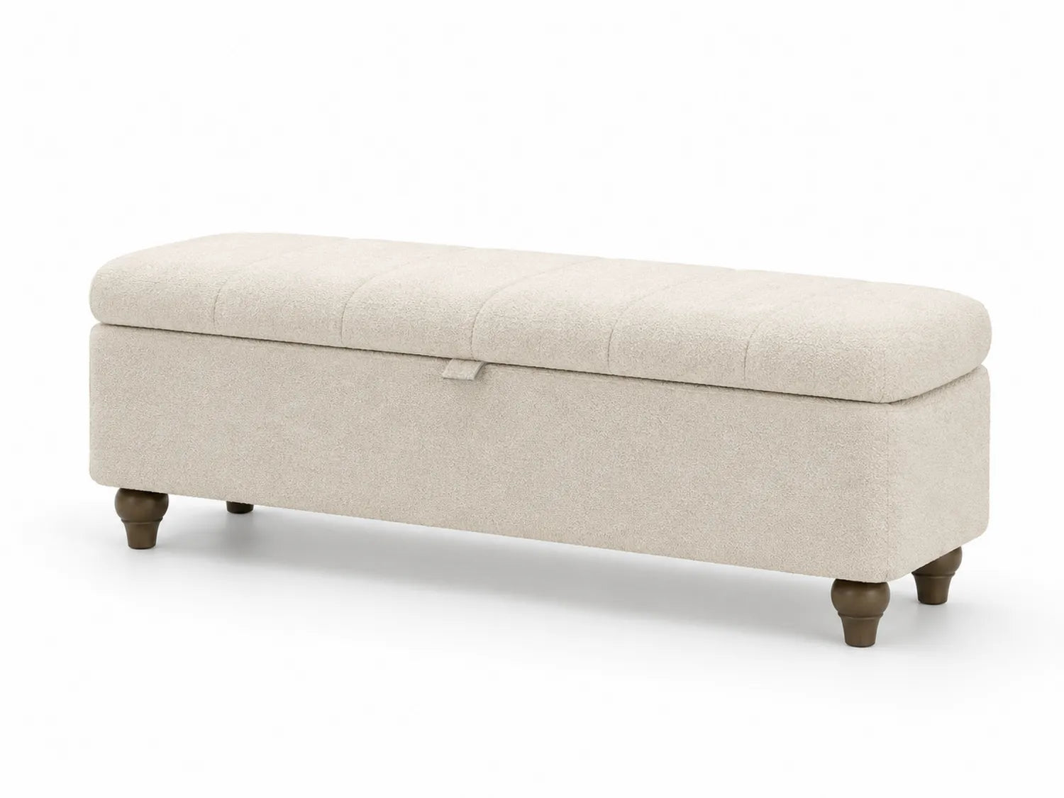 Banco de tela beige con almacenamiento y patas de madera