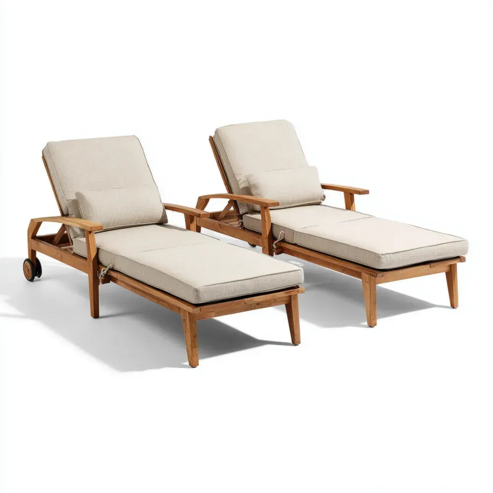 Outdoor Patio Recliners 200x60x35 cm Teak Wood Cushioned Adjustable Set – Beige – Contemporary Design