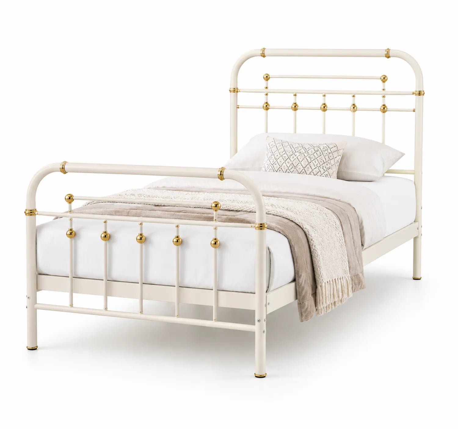 Cama de acero crema con detalles dorados