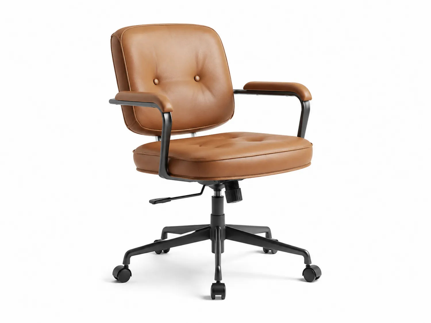 Silla de oficina giratoria de cuero sintético marrón y metal negro