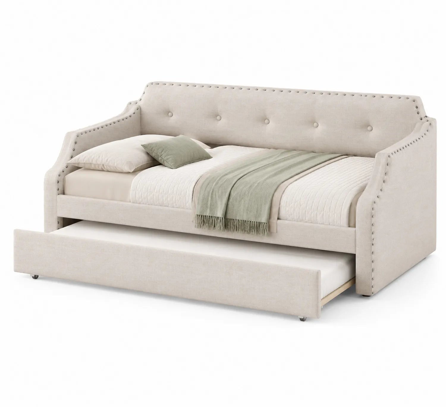 Cama Nido Tapizada en Tela Beige con Estructura de Madera