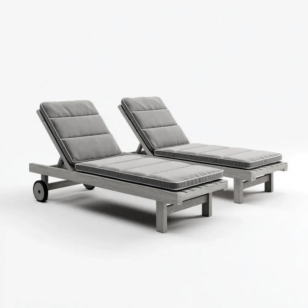 Outdoor Patio Recliners Set - 200x65x35 cm Wooden Frame with Gray Cushions - Modern Design