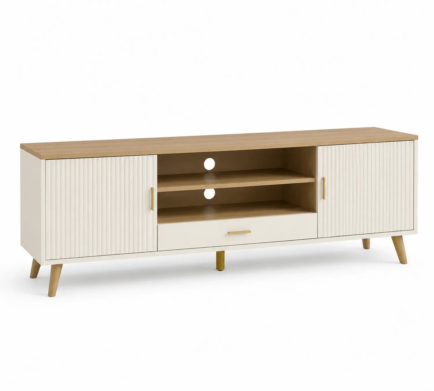 Mueble de TV de Madera de Pino y MDF Blanco/Roble 160x40x50 cm