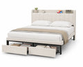 Cama tapizada con almacenamiento, estructura de metal y tela beige, 200x160 cm