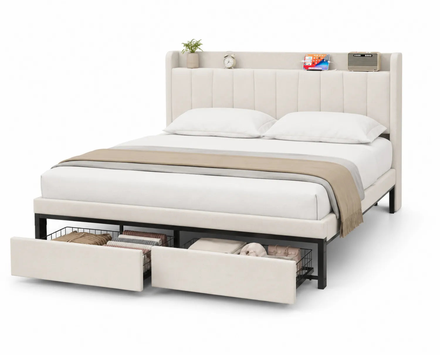 Cama tapizada con almacenamiento, estructura de metal y tela beige, 200x160 cm