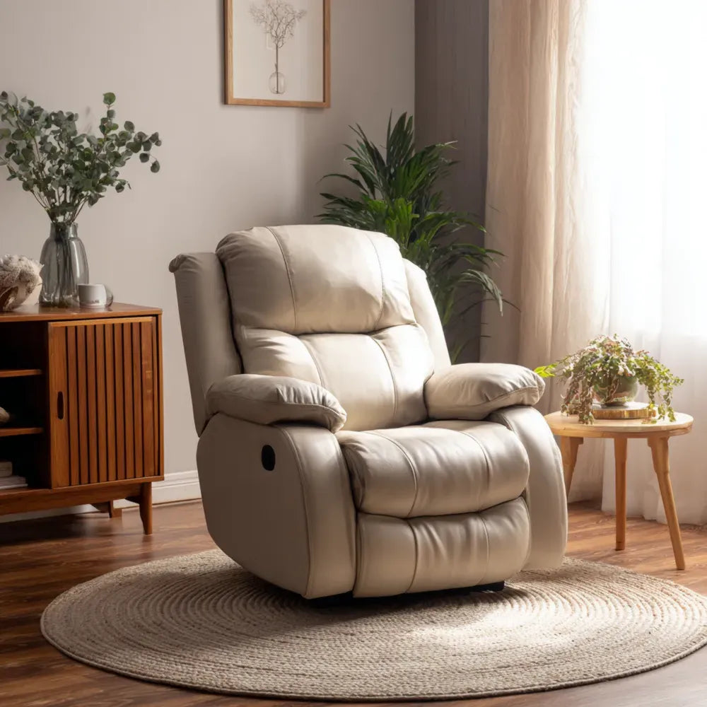 Recliner Chair 33.5x35.4x41.3 Inches Leather Upholstery Beige Modern Design