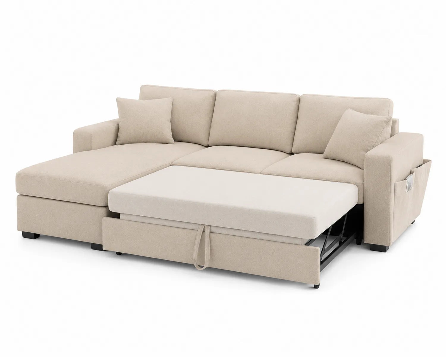 Sofá cama esquinero en L de poliéster beige con chaise longue