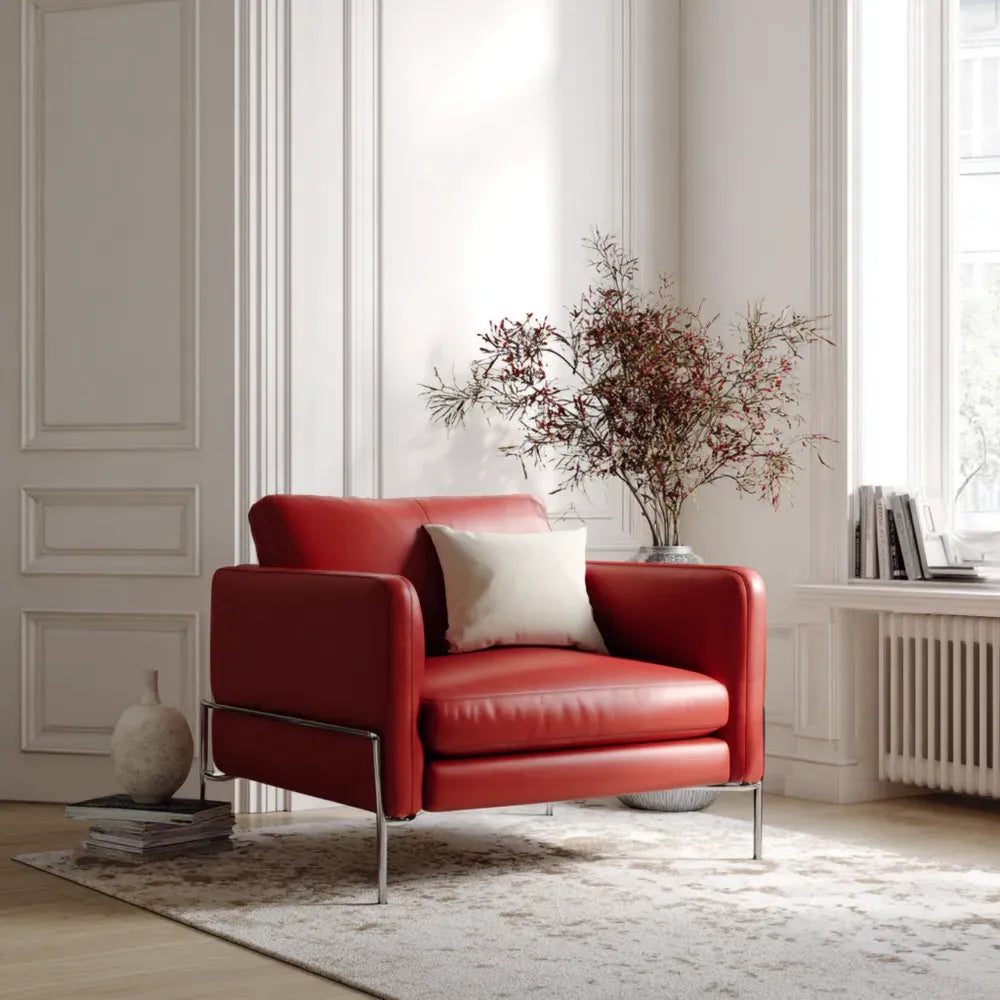 Armchair Leather Upholstered 90x85x75 cm - Red - Contemporary Design