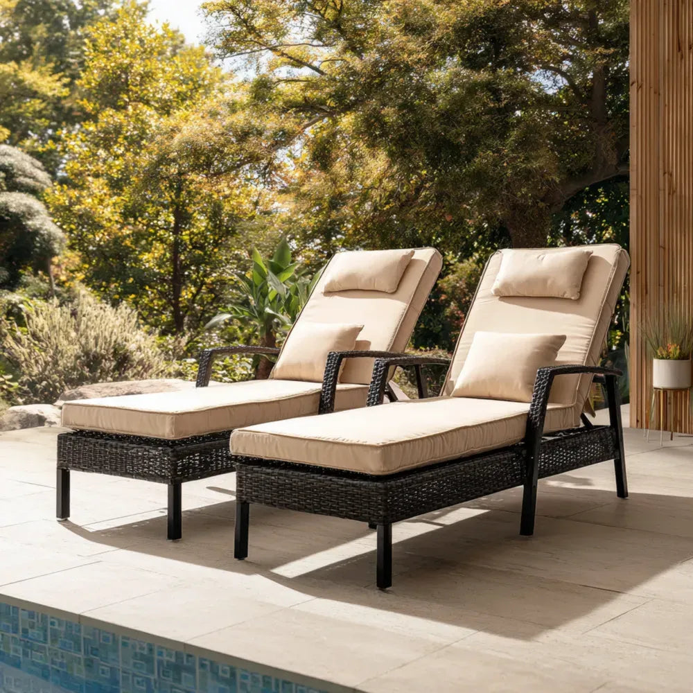 Patio Recliner Set - Wicker 200x65x85 cm - Beige Cushions - Modern Outdoor Furniture
