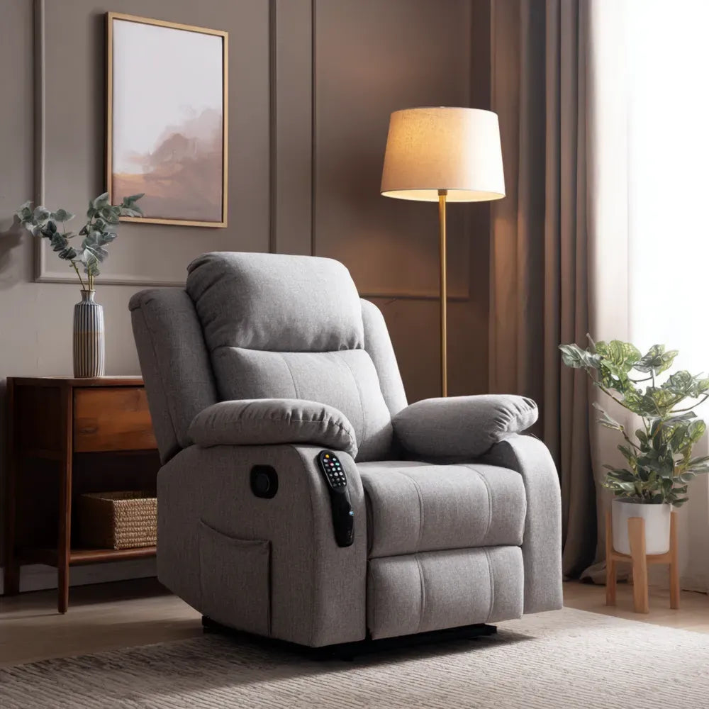 Recliner Chair 33.5x33.5x41.3 inches Fabric Upholstery - Grey - Modern Design with Remote Control